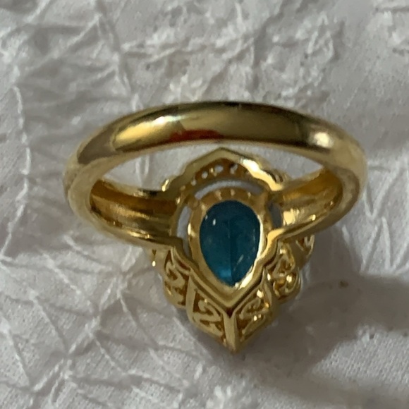 Swiss Blue Topaz Pear Cut White Sapphire Halo Cocktail Ring Size 7 18k over 925 - Picture 10 of 13